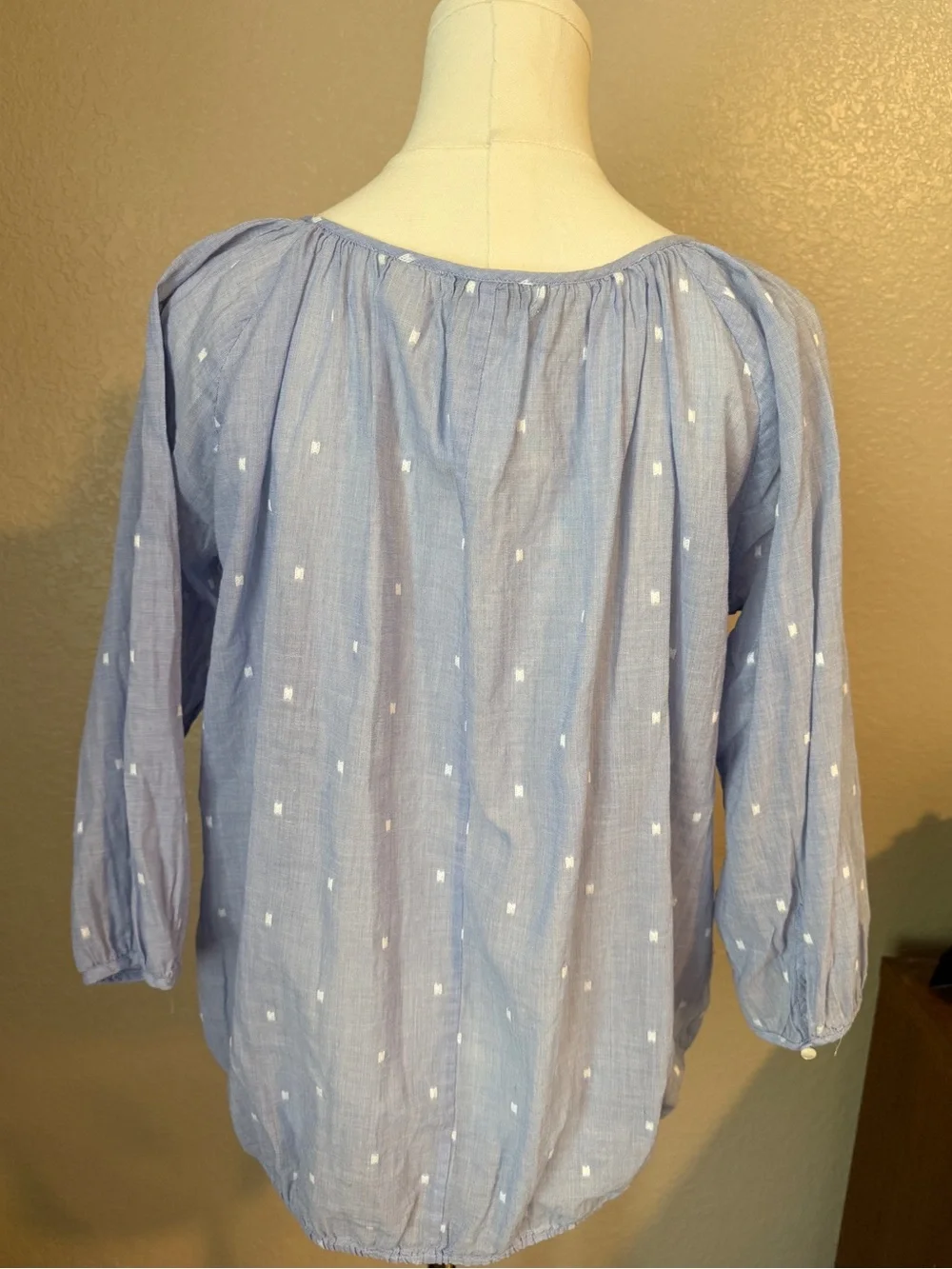 J Crew Light Blue Peasant Blouse with Tassel Tie